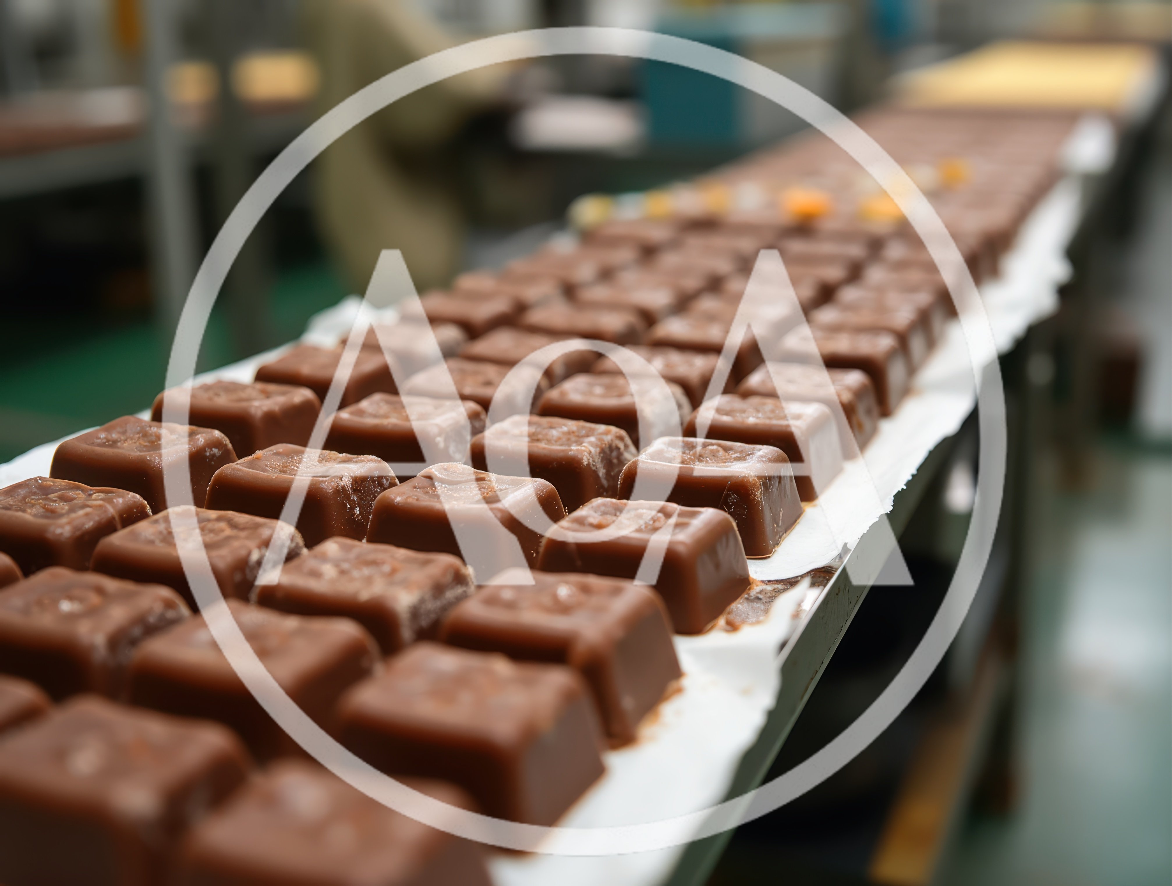 Chocolate Squares Moving Along A Factory Conveyor Belt