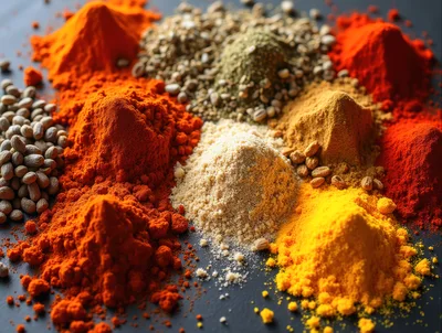 Assorted Colorful Spices and Seeds on Dark Surface