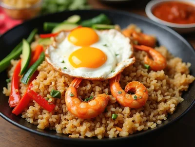 Shrimp Fried Rice With Fried Eggs In A Bowl