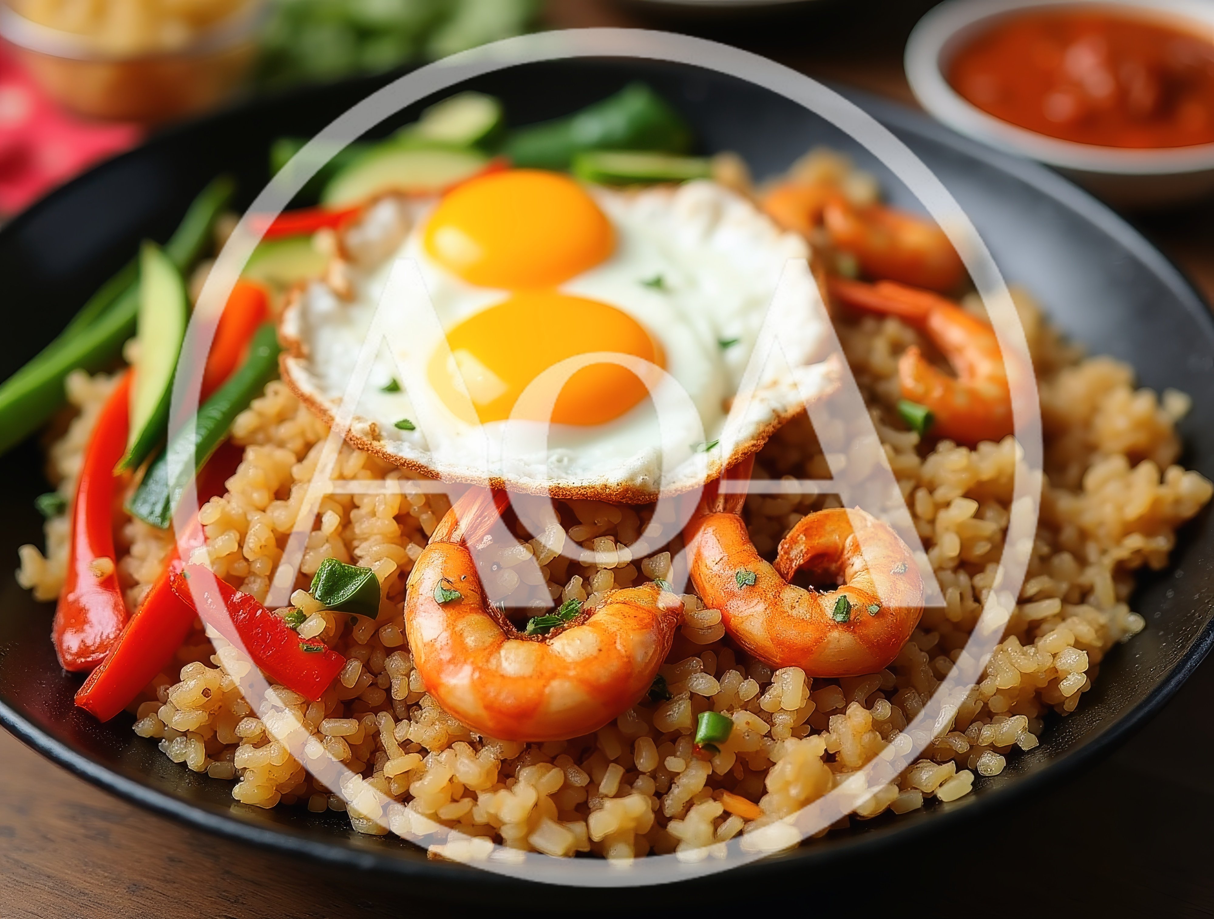 Shrimp Fried Rice With Fried Eggs In A Bowl