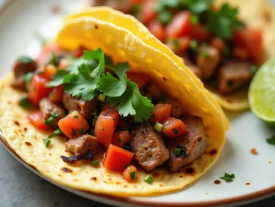 Two Fresh Carne Asada Tacos With Cilantro And Lime