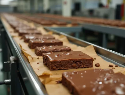 Chocolate Brownies Moving Along Industrial Conveyor Belt