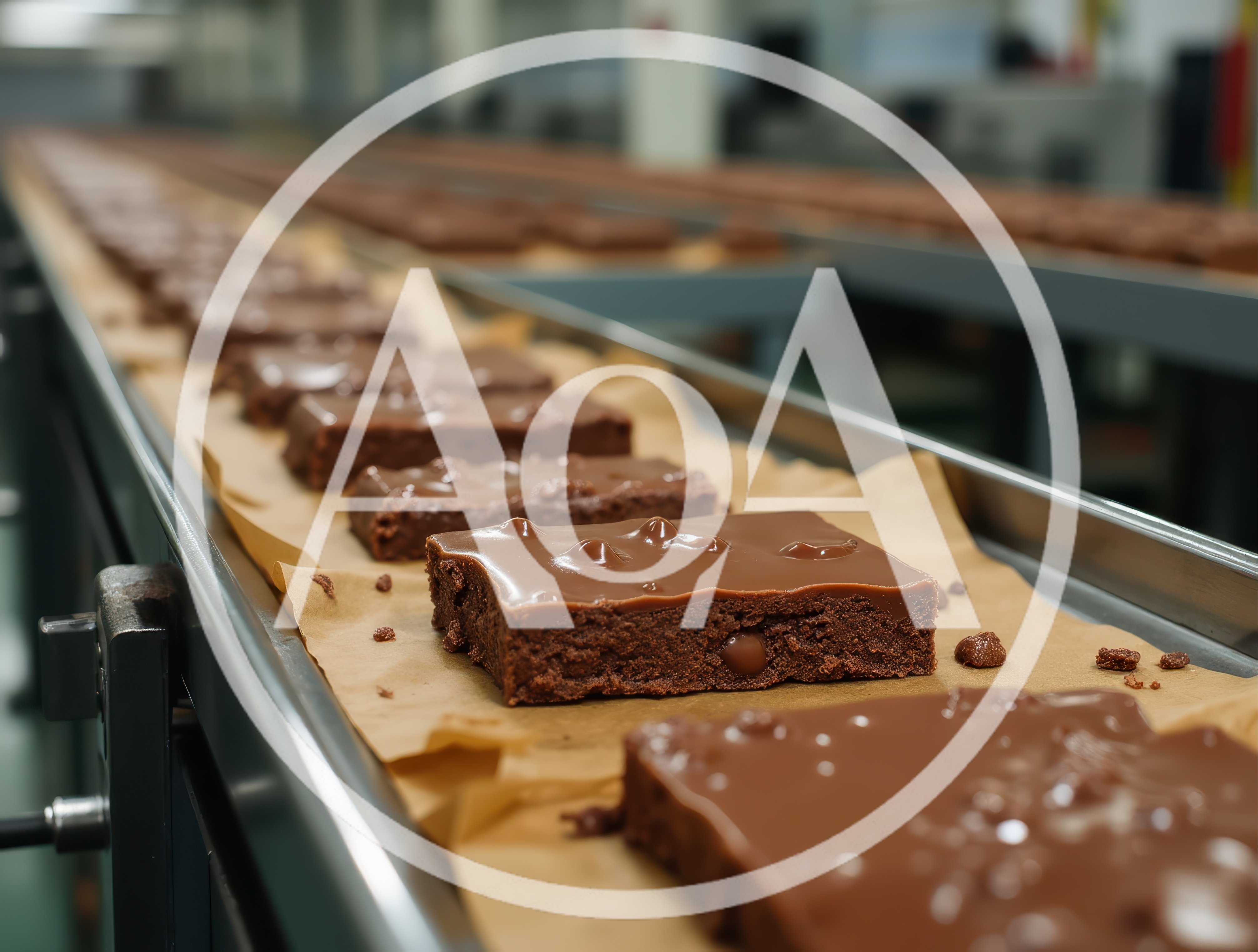 Chocolate Brownies Moving Along Industrial Conveyor Belt