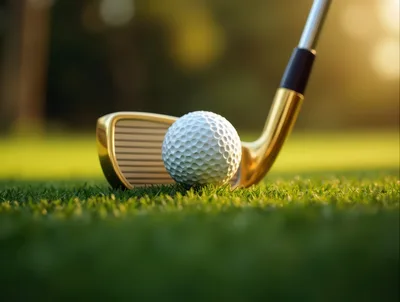 Golden Golf Club Head And Ball On Green Grass