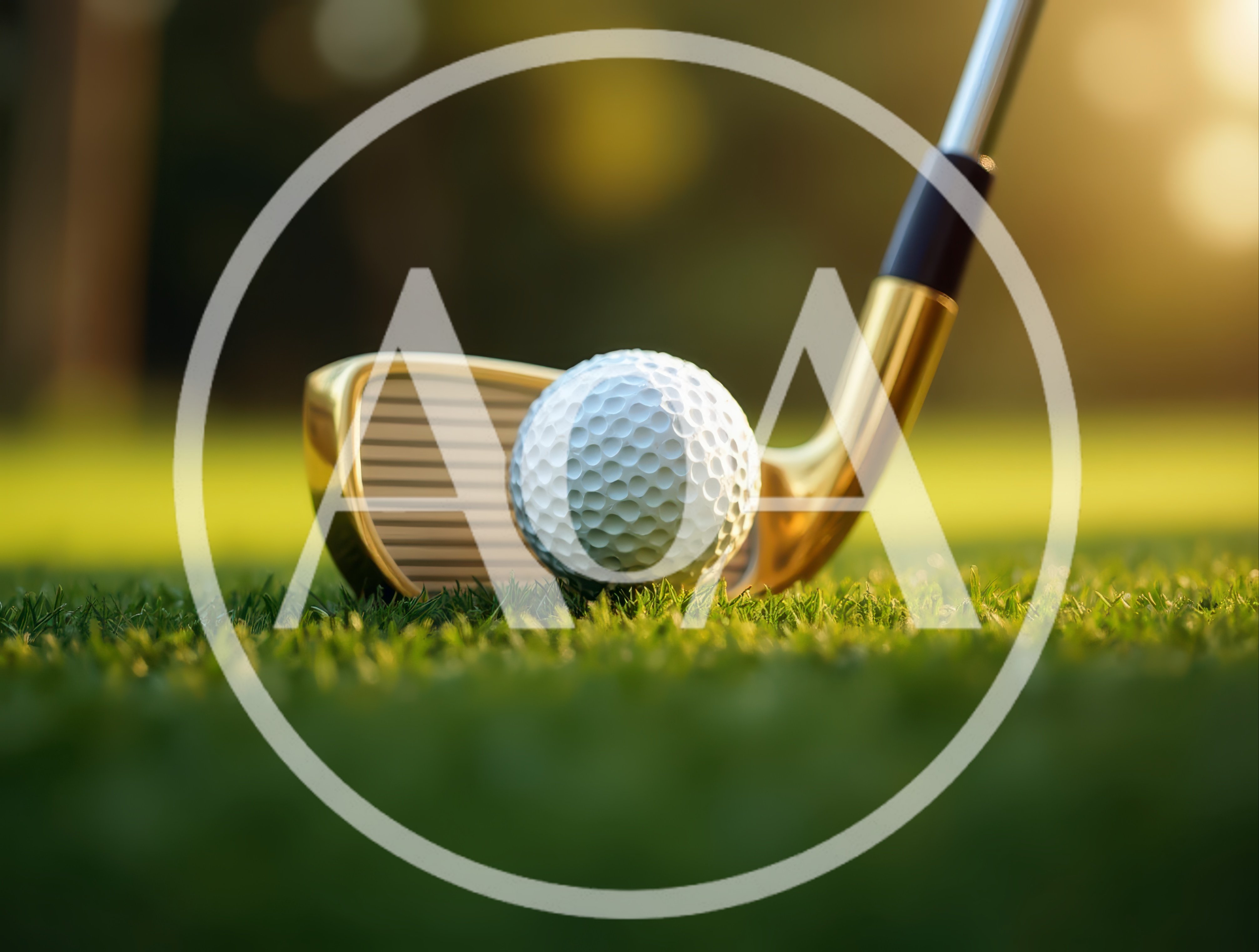 Golden Golf Club Head And Ball On Green Grass