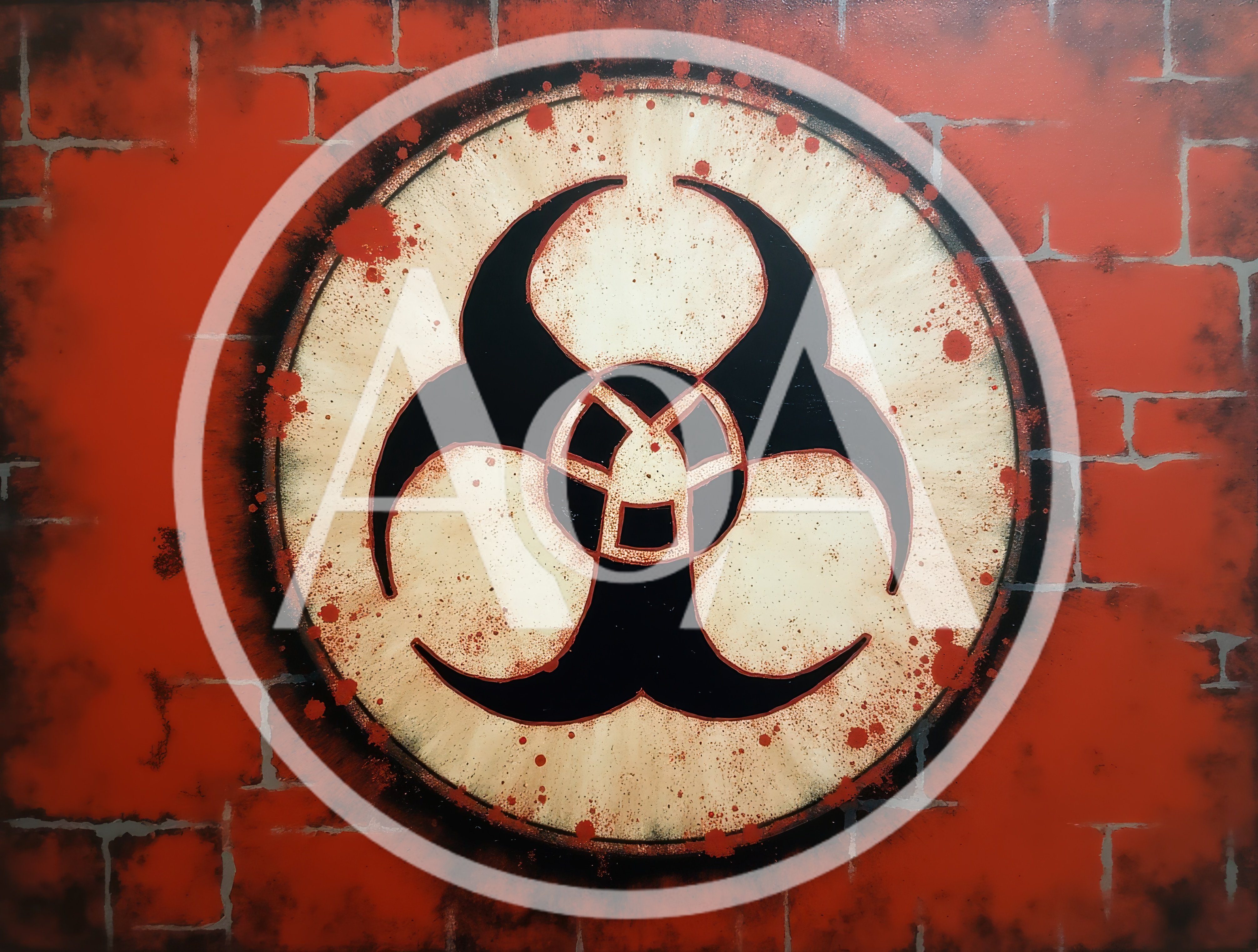 Biohazard Symbol Painted On A Red Brick Wall