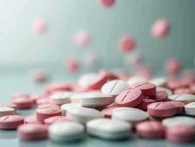 Pink And White Medical Pills Falling On Surface