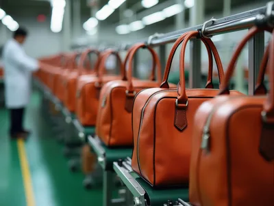 Leather Handbags Moving Along A Factory Assembly Line