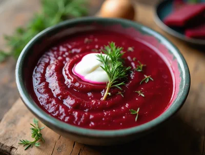 Bowl Of Creamy Beetroot Soup With Dill Garnish