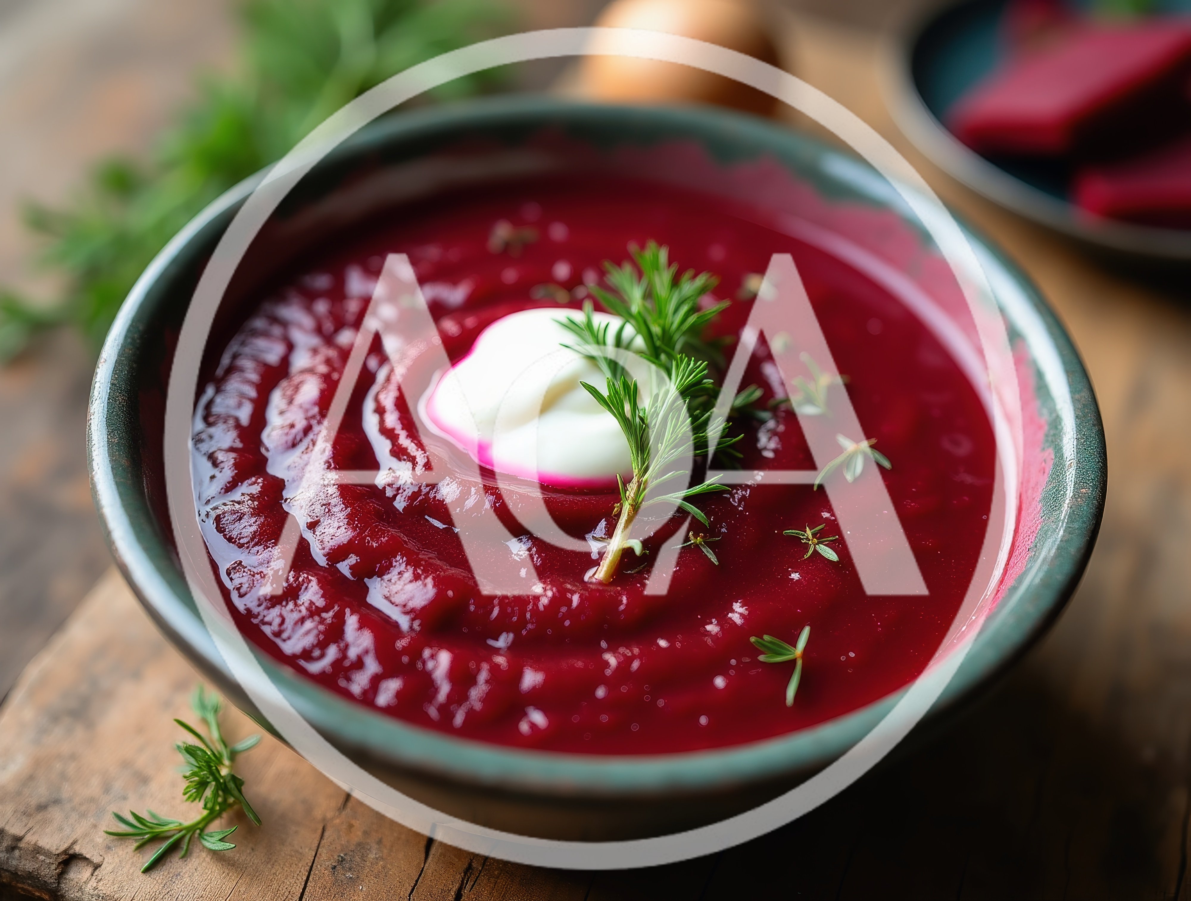 Bowl Of Creamy Beetroot Soup With Dill Garnish