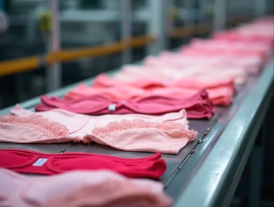 Pink Lingerie Items Moving Along A Factory Conveyor Belt