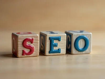 Wooden Alphabet Blocks Spelling SEO on Wooden Surface