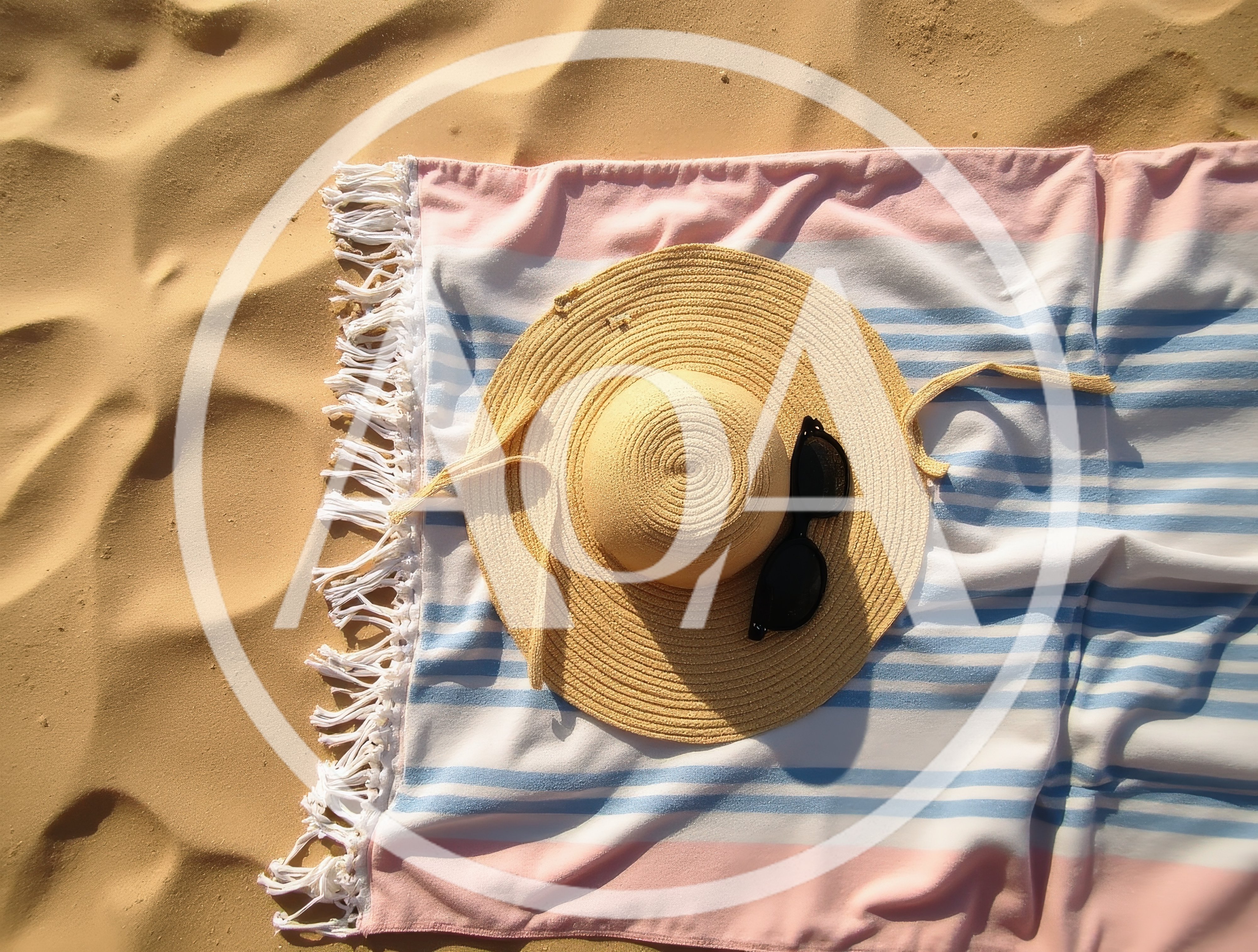 Straw Sun Hat And Sunglasses On Striped Beach Towel