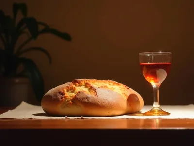 Fresh Loaf Of Bread And Glass Of Red Wine
