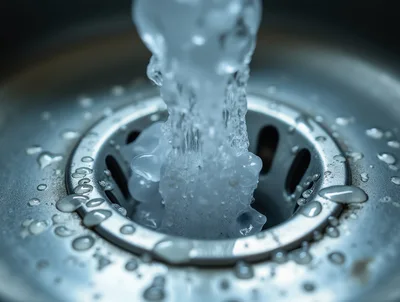 Water Flowing Into A Stainless Steel Kitchen Sink Drain