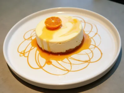Cheesecake With Orange Garnish And Caramel Drizzle