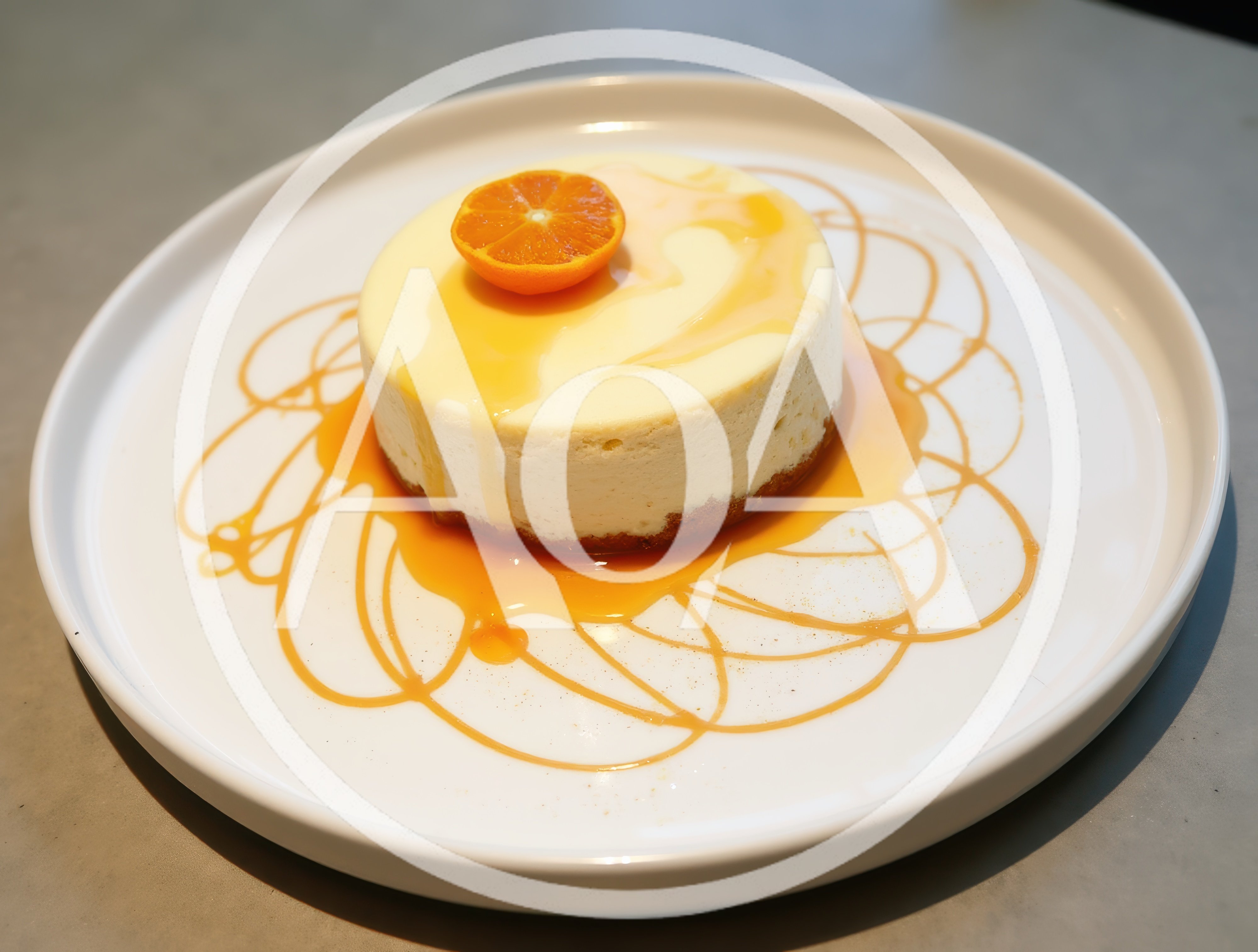 Cheesecake With Orange Garnish And Caramel Drizzle