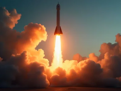 Rocket Launching Into The Sky With Clouds