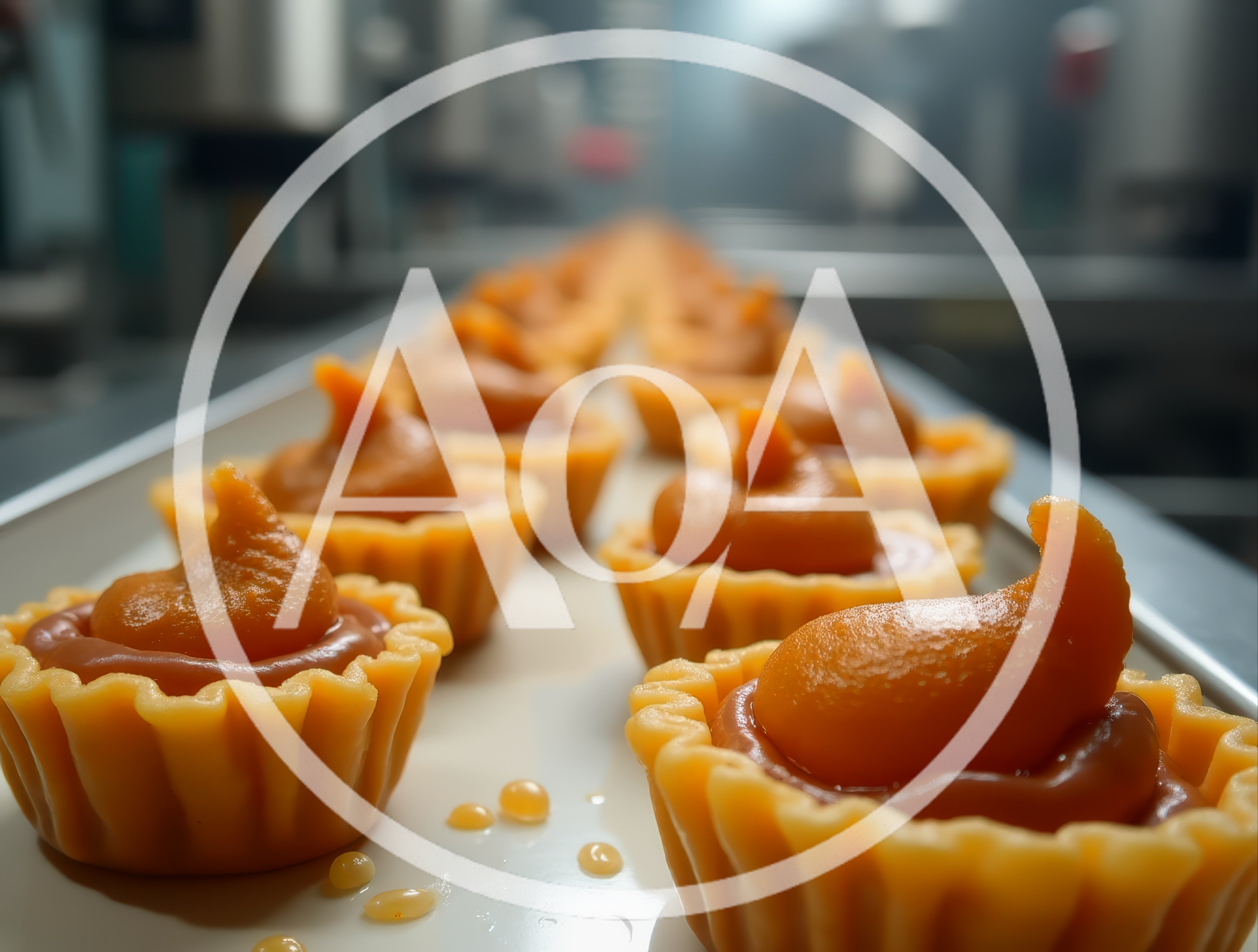 Rows Of Freshly Baked Caramel Tarts On Conveyor Belt