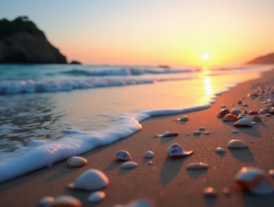 Seashells Scattered On A Sandy Beach At Sunset