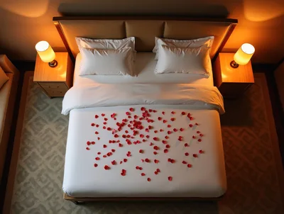 Romantic Hotel Bed Decorated With Red Rose Petals