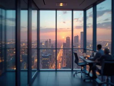 Business Professionals Working In High Rise Office At Sunset