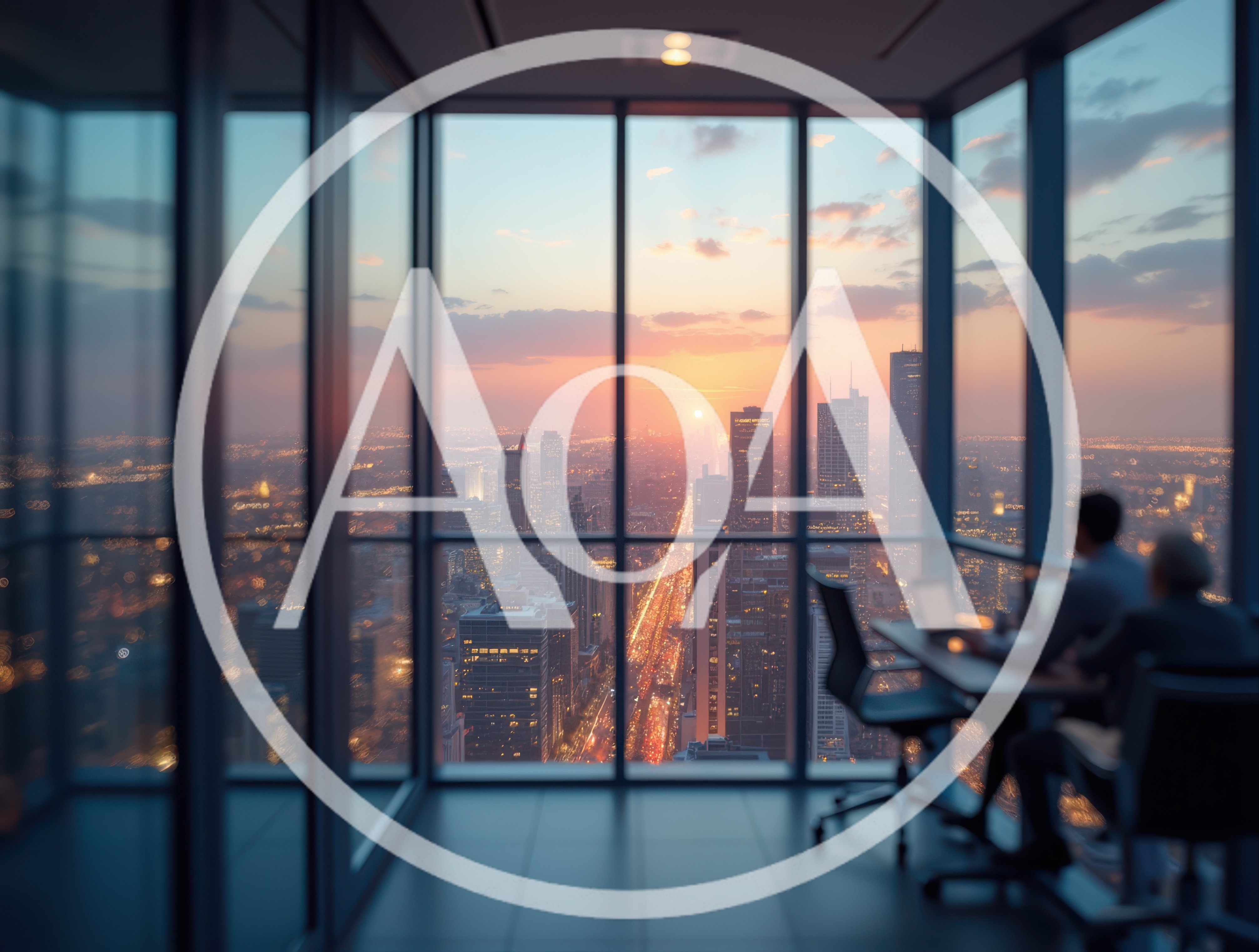 Business Professionals Working In High Rise Office At Sunset