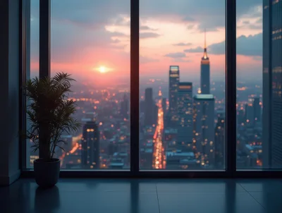 Potted Plant Inside Modern Office Overlooking City Skyline