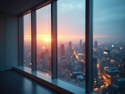 Modern Office Window Overlooking City Skyline At Sunset