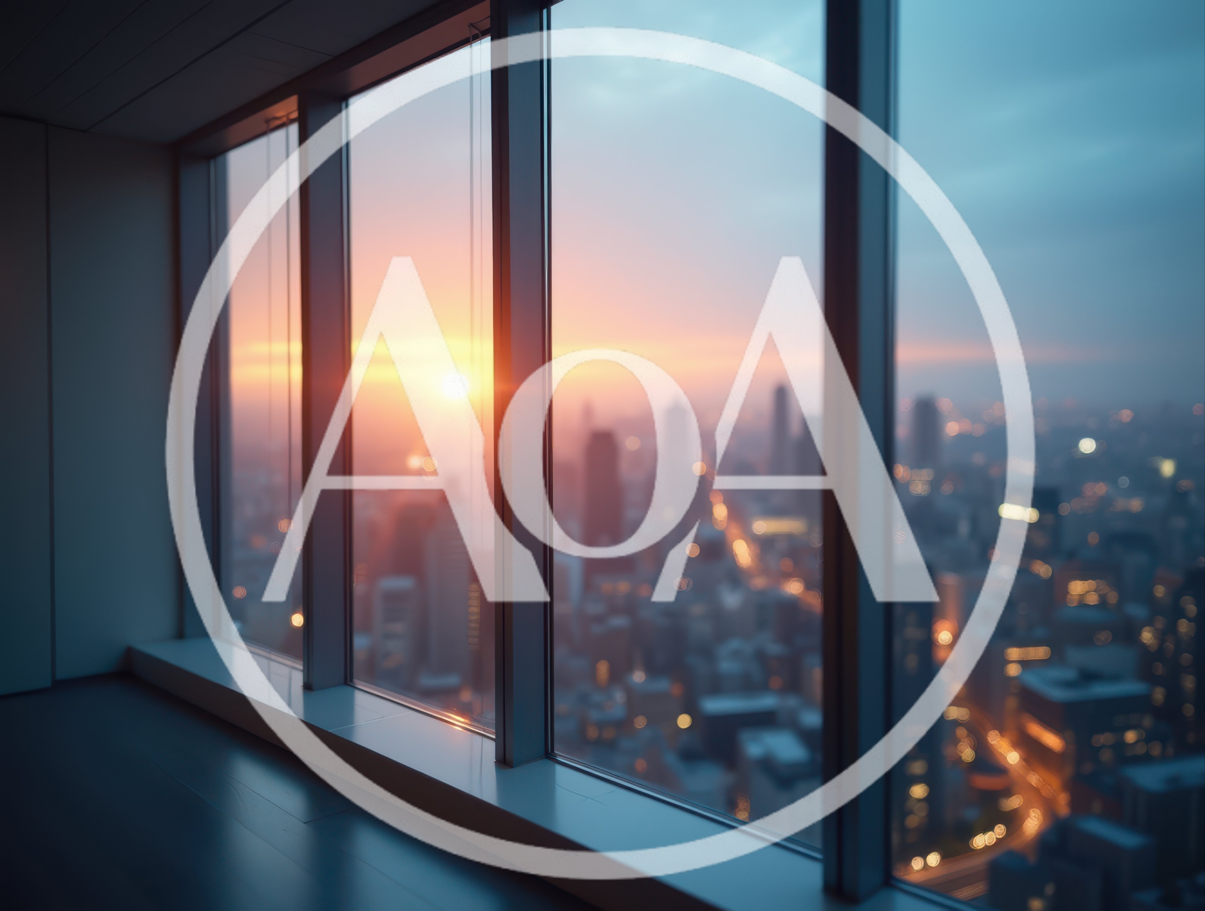 Modern Office Window Overlooking City Skyline At Sunset