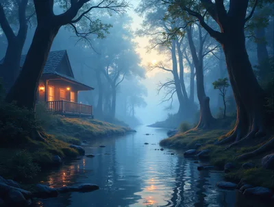 Cozy Cabin Beside A Misty Forest Stream At Sunset