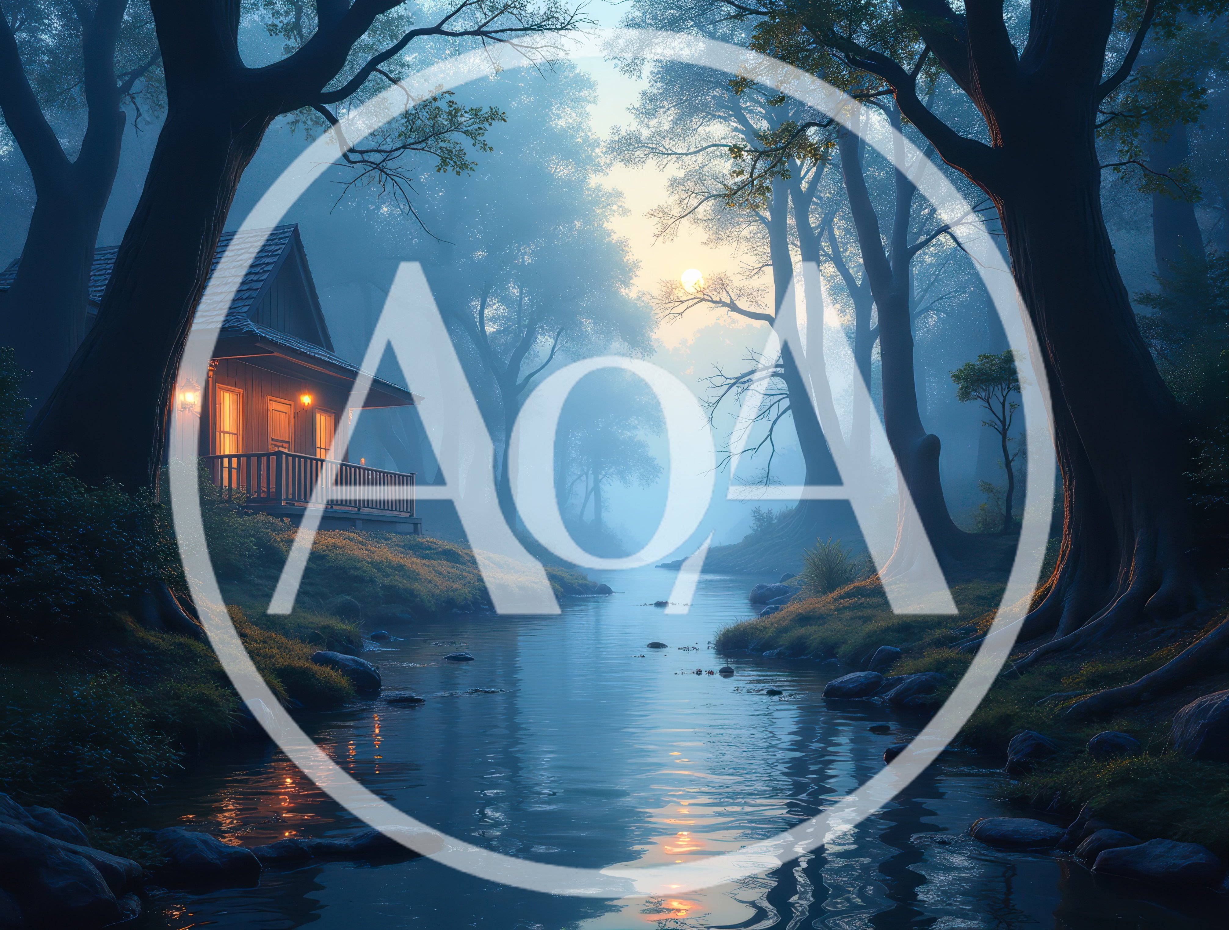 Cozy Cabin Beside A Misty Forest Stream At Sunset