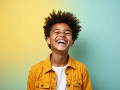 Happy Young Boy Laughing Against Colorful Background