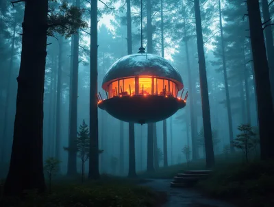 Futuristic Spherical Floating House In A Misty Forest