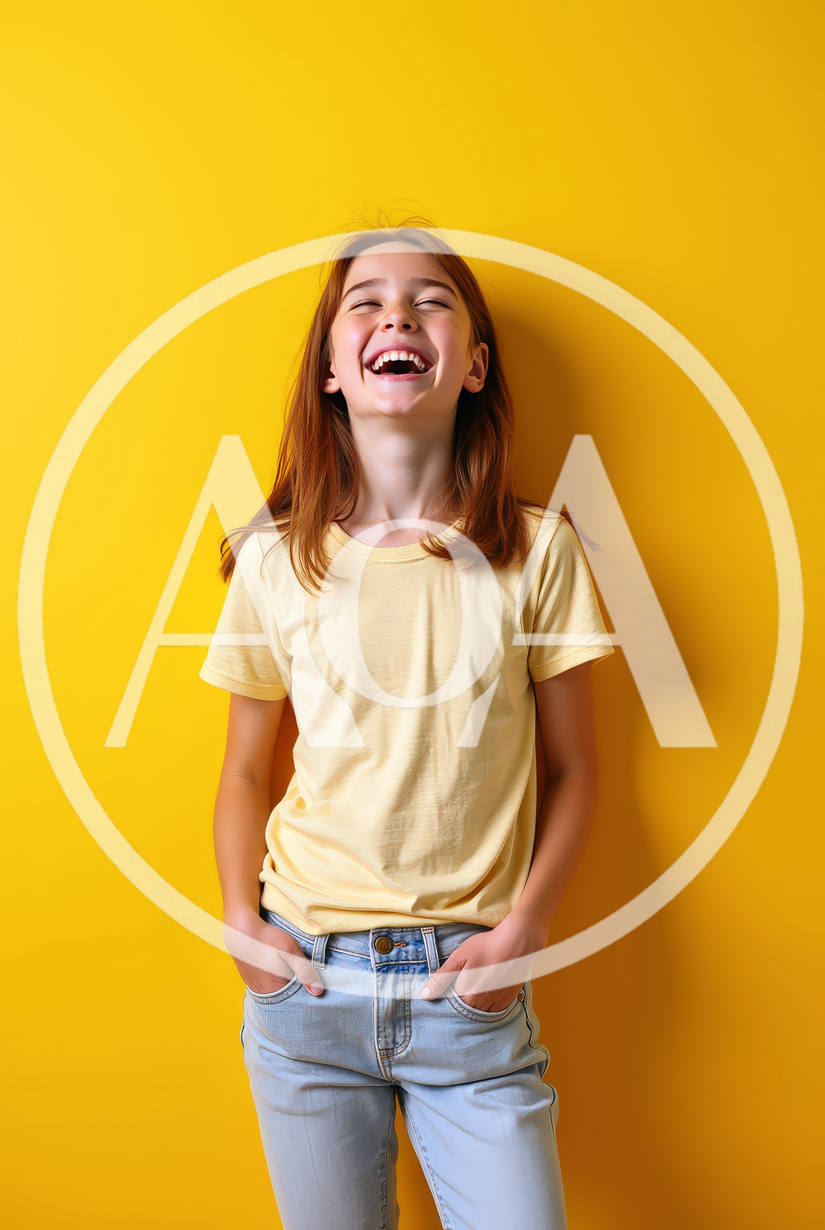 Happy Young Girl Laughing Against Yellow Background