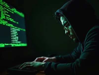 Hacker Working On Computer Code In Dark Room