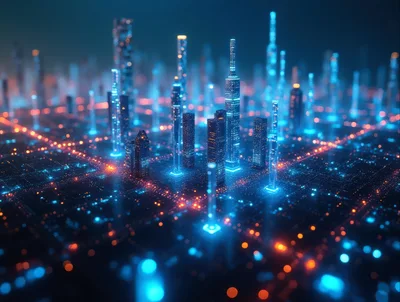 Futuristic Digital Cityscape With Glowing Data Networks