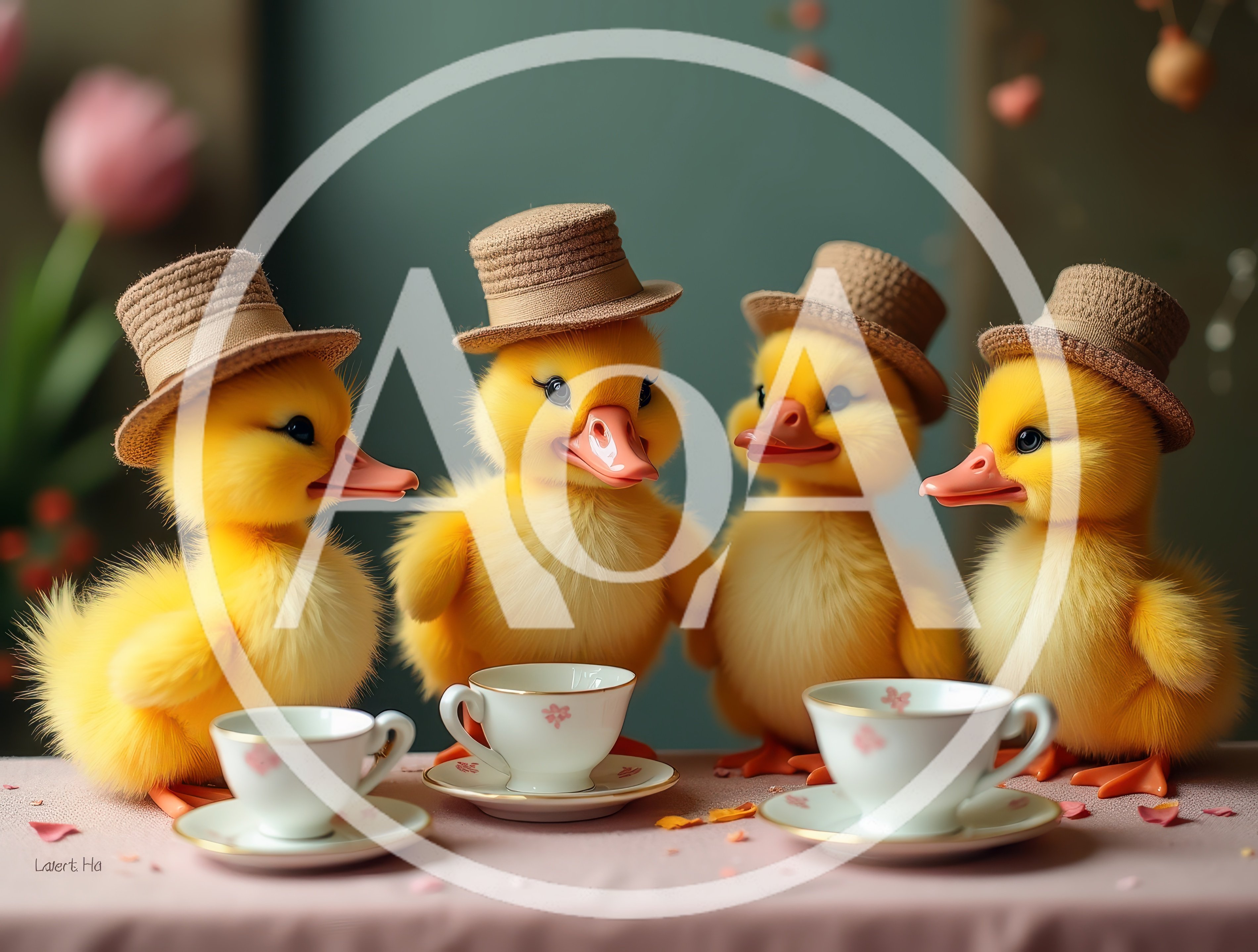 Four Cute Ducklings Wearing Hats Having Tea