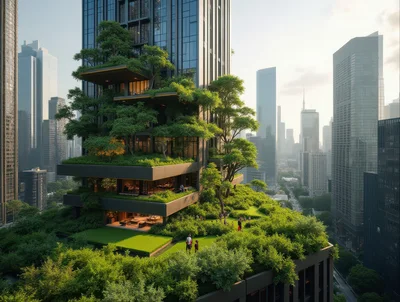 Modern Skyscraper With Lush Vertical Gardens And Rooftop Park