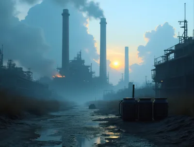 Industrial Factory Complex With Smoking Chimneys At Sunset