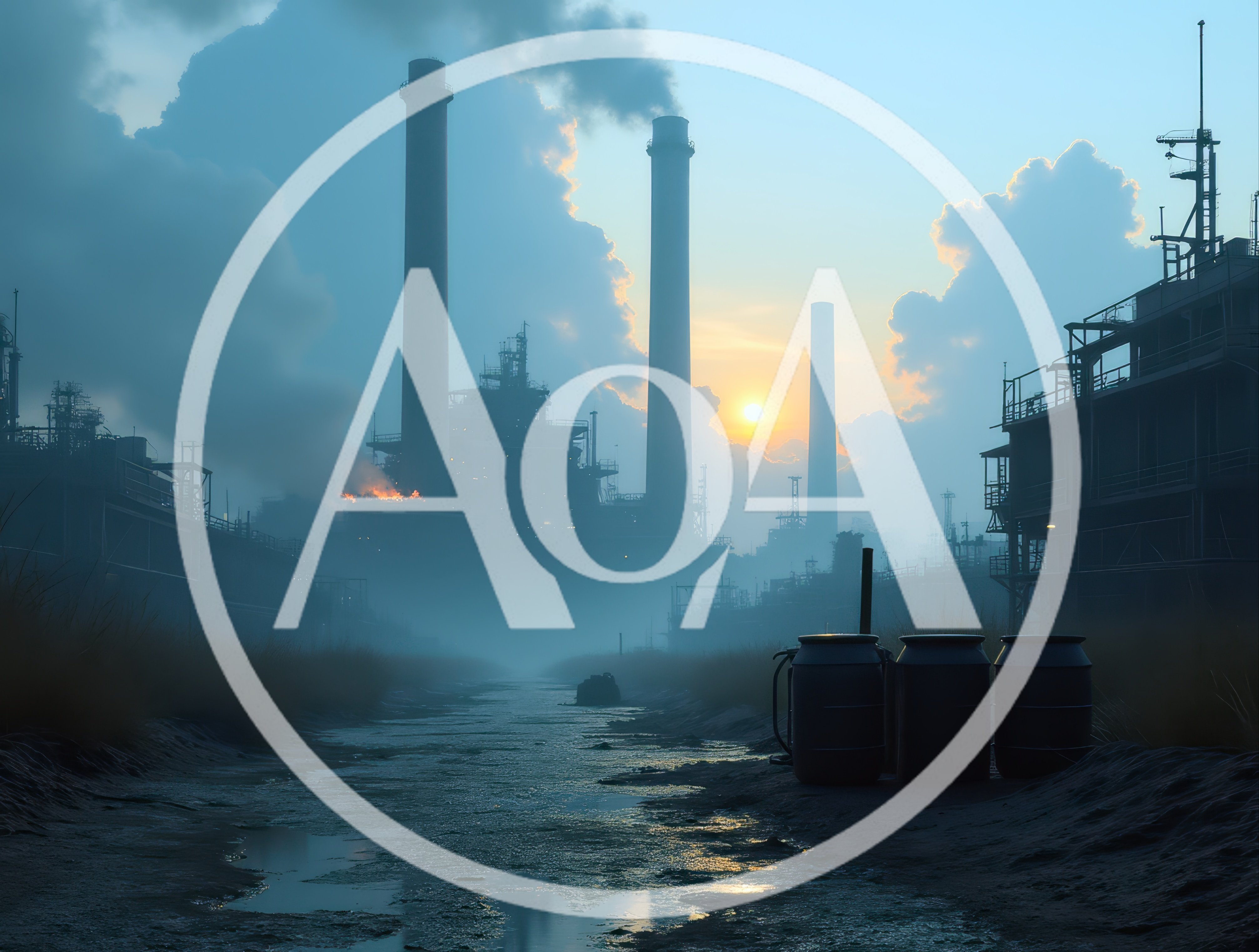 Industrial Factory Complex With Smoking Chimneys At Sunset