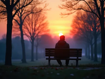 Solitary Man Sitting On Park Bench At Sunset
