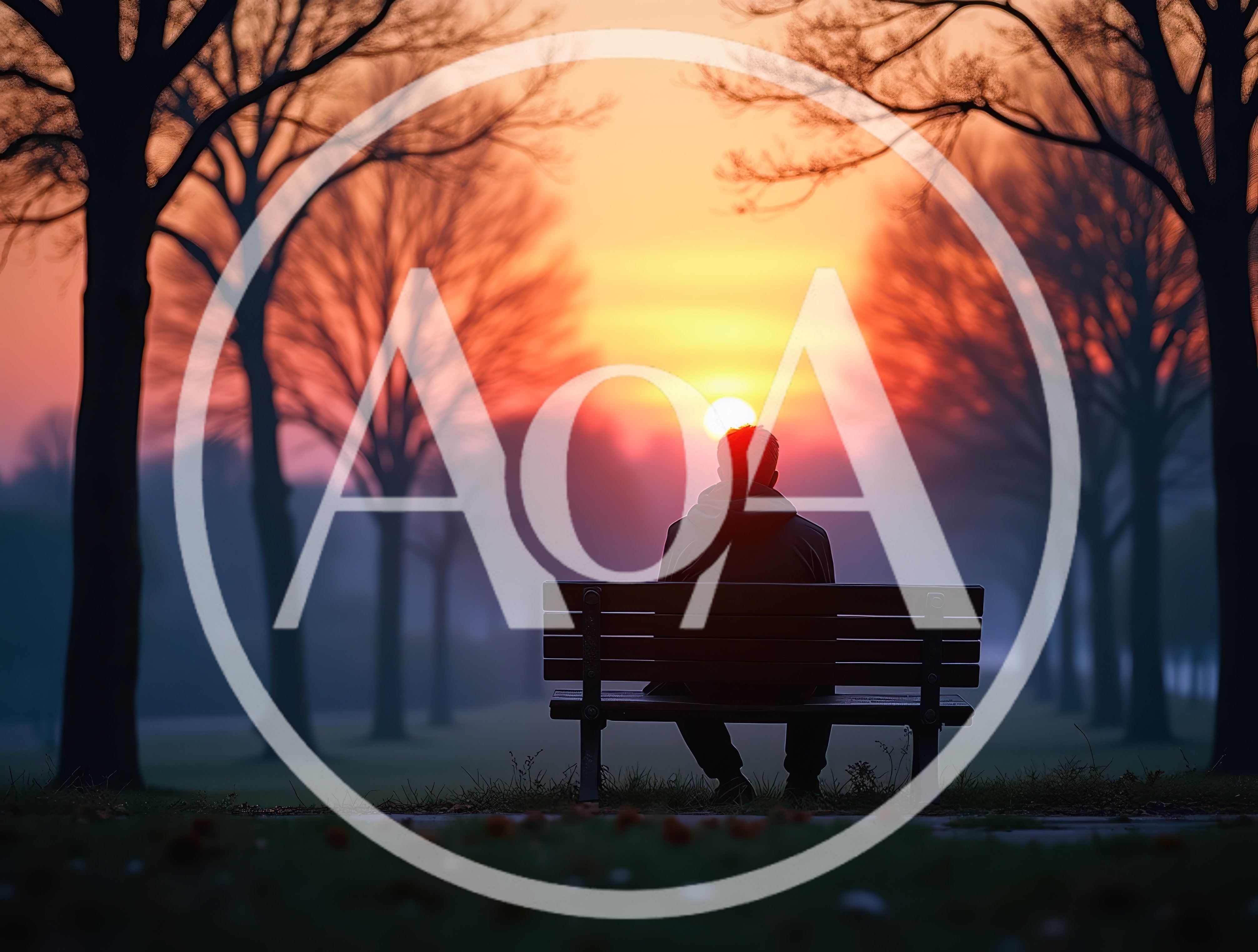Solitary Man Sitting On Park Bench At Sunset