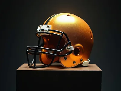 Golden American Football Helmet On A Pedestal