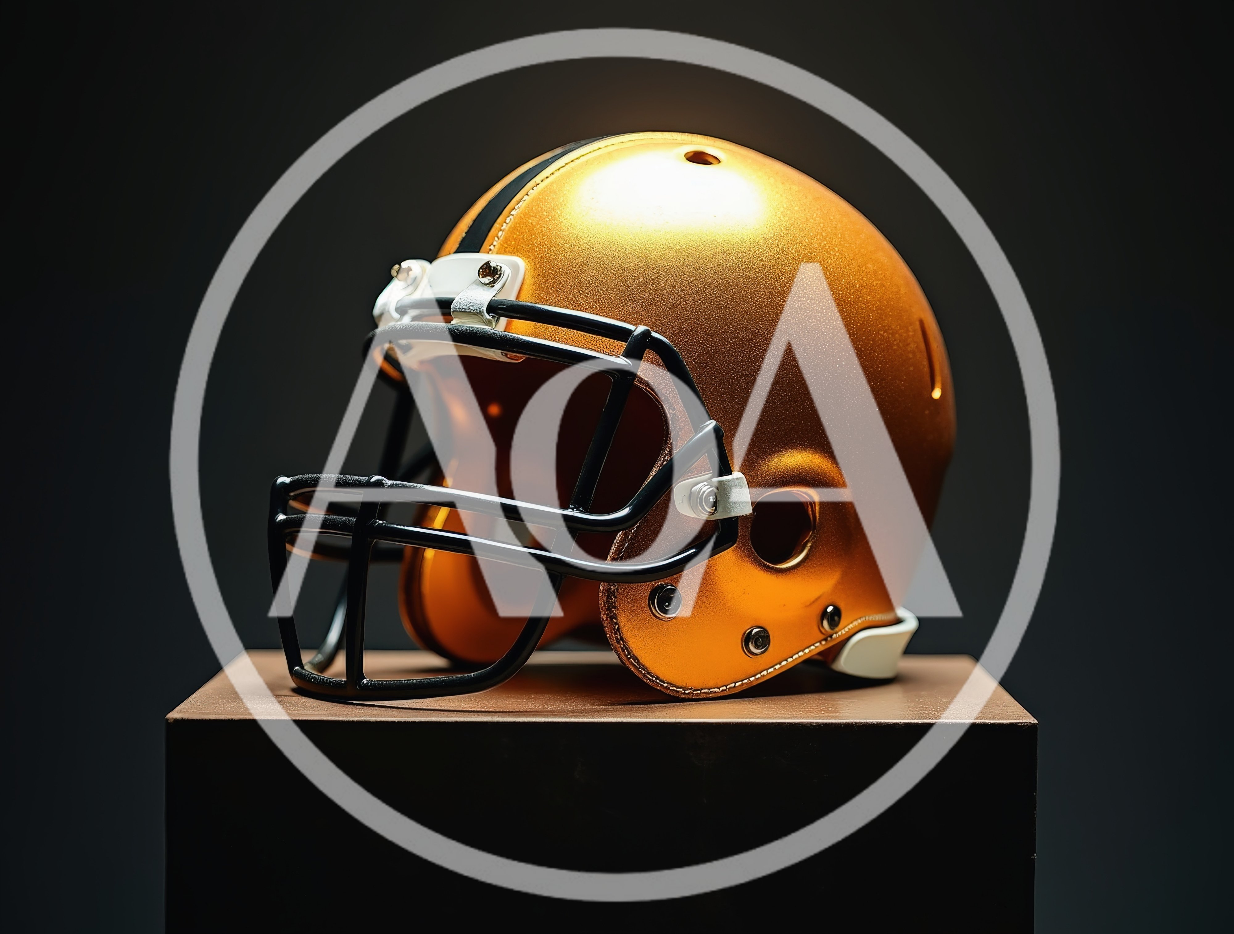 Golden American Football Helmet On A Pedestal