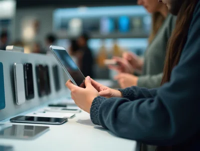 Customer Testing New Smartphone In Electronics Retail Store