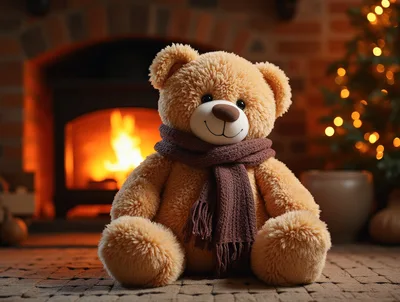 Teddy Bear Wearing A Scarf By A Cozy Fireplace