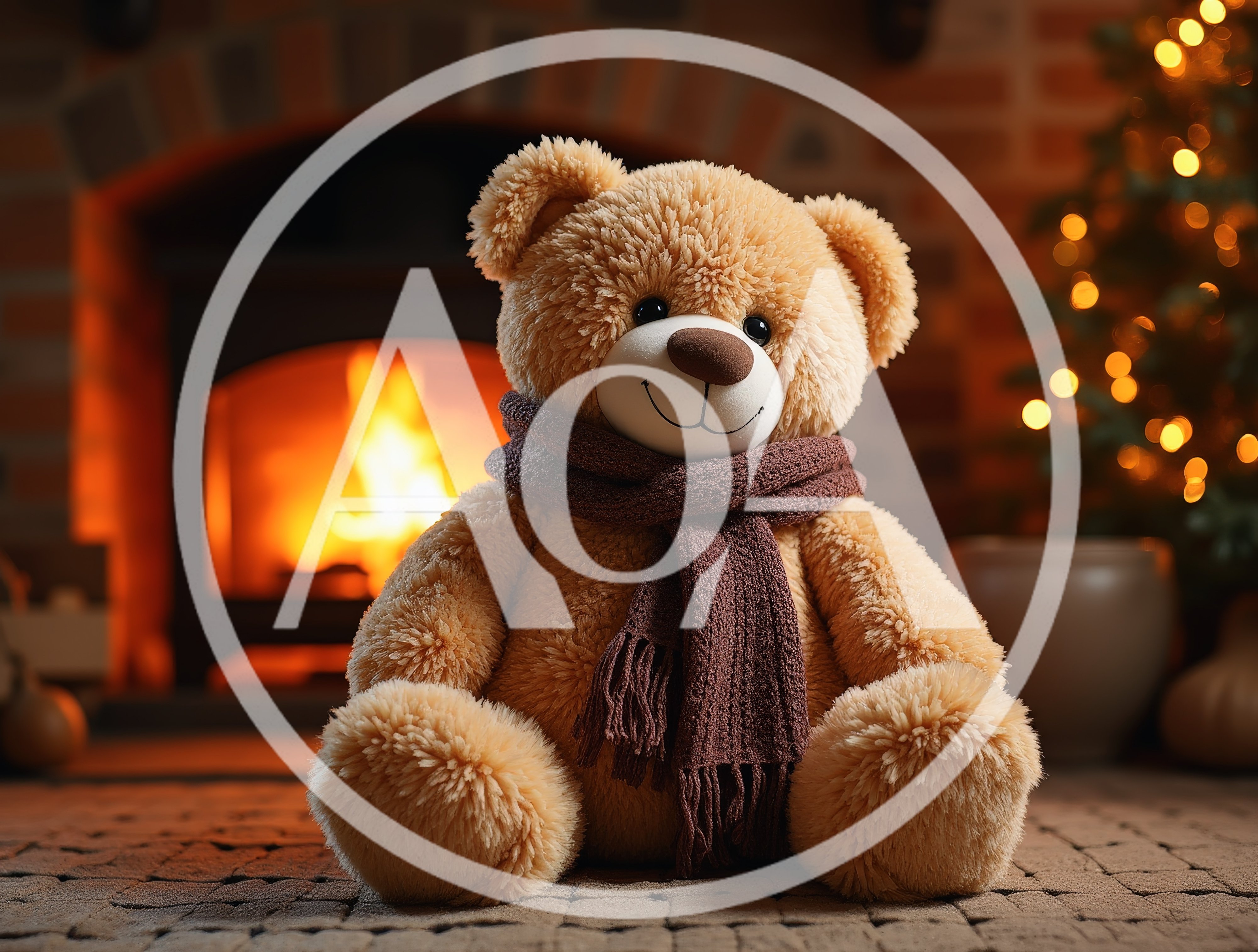 Teddy Bear Wearing A Scarf By A Cozy Fireplace
