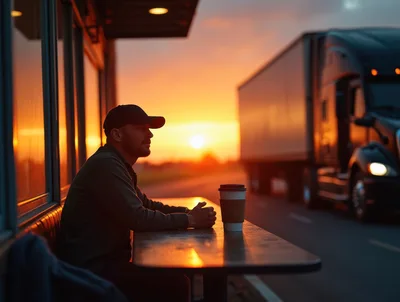 Truck Driver Resting at Roadside Diner During Sunset