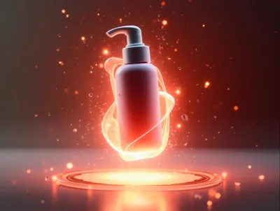Cosmetic Pump Bottle Floating Above Glowing Display Platform